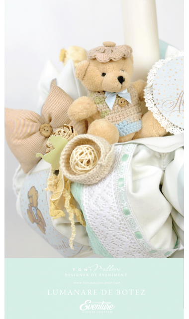 Lumanare de botez pentru baieti cu ursuleti si stelute aurii, 65x4cm, Tiny Teddy Bear 8